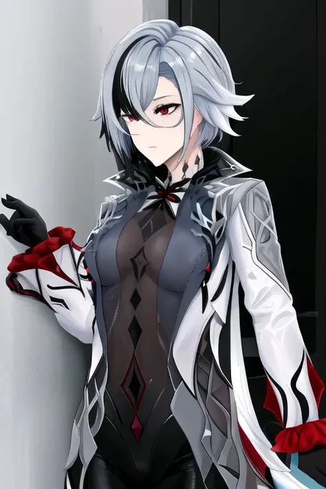 arlecchino (genshin impact), 1girl, grey hair,multicolored hair, short hair,black eyes, x-shaped pupils,black gloves, long sleeves, grey jacket,grey bodysuit, black pants,