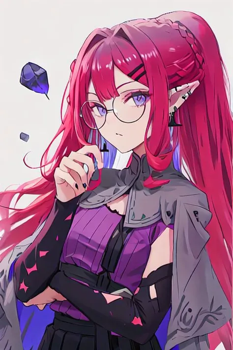 anime girl with long red hair and glasses holding a cell phone