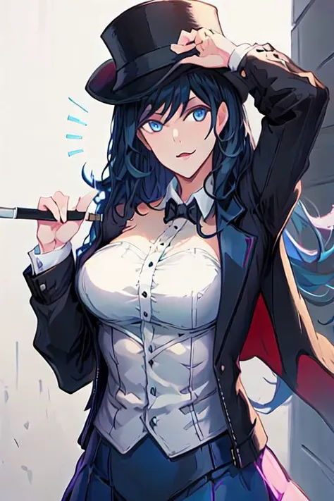 anime girl with a top hat and a cane posing for a picture