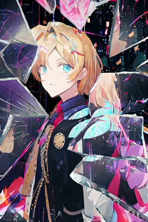 anime girl with blue eyes and a black jacket standing in front of a broken glass