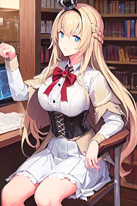 anime girl sitting in front of a computer in a library