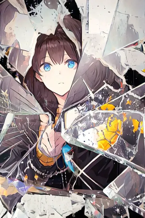 anime girl with blue eyes holding a knife and a broken glass