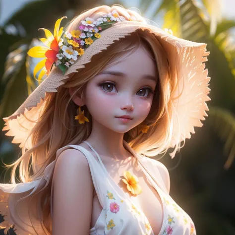 beautiful young girl wearing a loose fitting sun dress, cleavage, depth of field bokeh morning tropical beach (masterpiece) (best quality) (detailed) (8k) (wallpaper) (cinematic lighting) (sharp focus) (intricate)