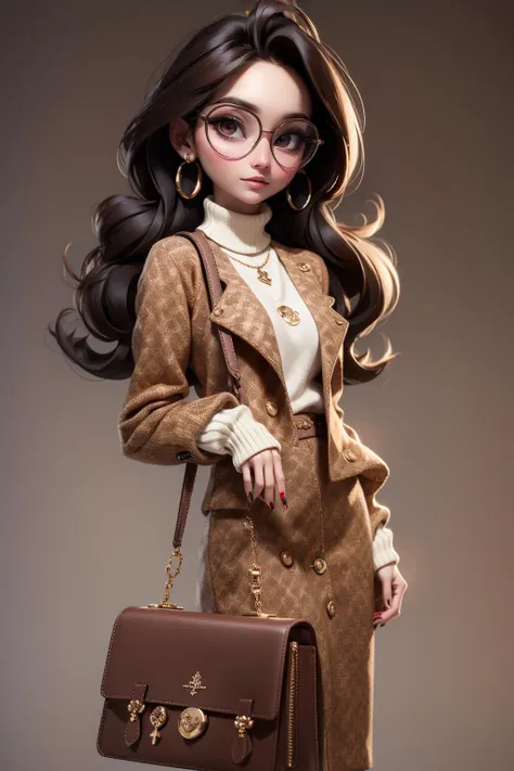 a close up of a doll with a purse and glasses