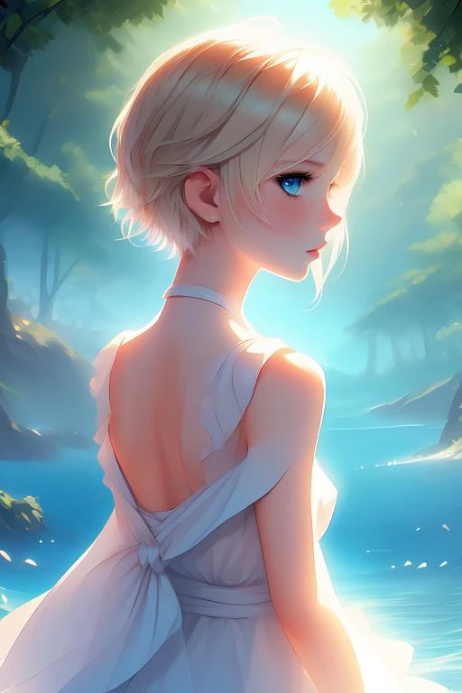 (pixiv masterpiece),best quality,1girl, close up, shoulder focus, from side, short hair, blonde hair, blue eyes, white dress, sleeveless dress, frilled dress, bare shoulders, bare arms, blue sky, sunlight,
<lora:rar-FantasyAnimeFlow:1>