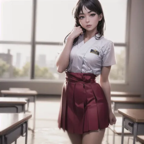 there is a woman in a uniform posing in a classroom