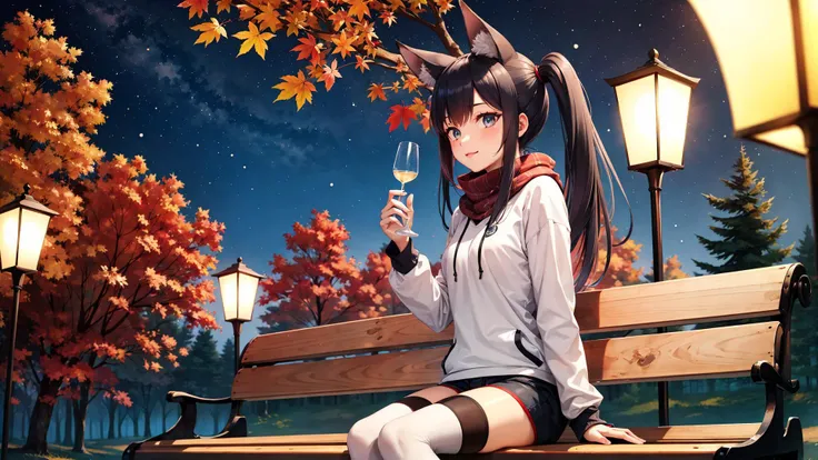 well defined female,fox ears,fox tail,sitting on a bench,thighhighs,shorts,hoodie with design,scarf,long messy shiny dark blue hair,long messy twintails,deep in the forest,autumn,windy,lanterns,night sky,night,