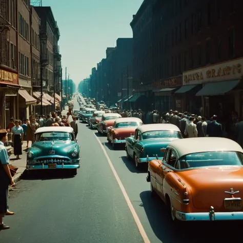 cinematic film still of  <lora:Technicolor style:1>
In the 1950s a street filled with lots of cars and people,outdoors,multiple boys,day,ground vehicle,building,scenery,motor vehicle,6+boys,city,sign,car,road,lamppost,street,people,real world location , vi...