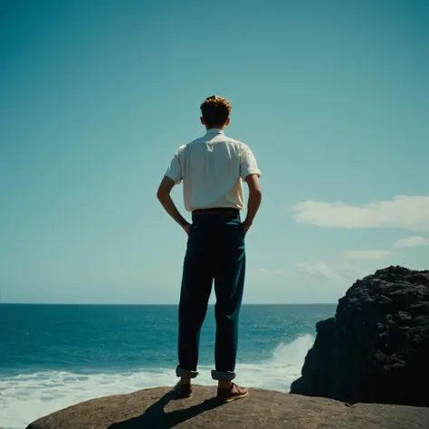 cinematic film still of  <lora:Technicolor style:1> 
In the 1950s a man standing on a rock looking out at the ocean,solo,short hair,shirt,1boy,hat,white shirt,male focus,outdoors,sky,glasses,day,belt,pants,water,from behind,blue sky,ocean,beach,black pants...