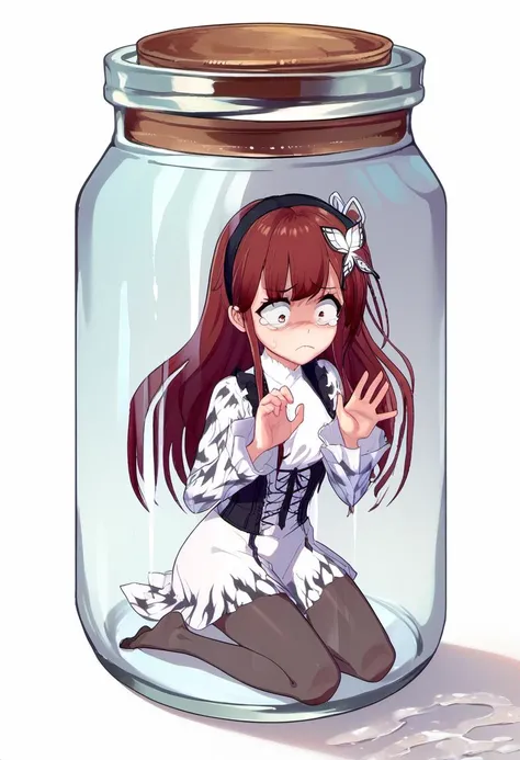 a cartoon picture of a girl sitting in a jar with a bird on her head