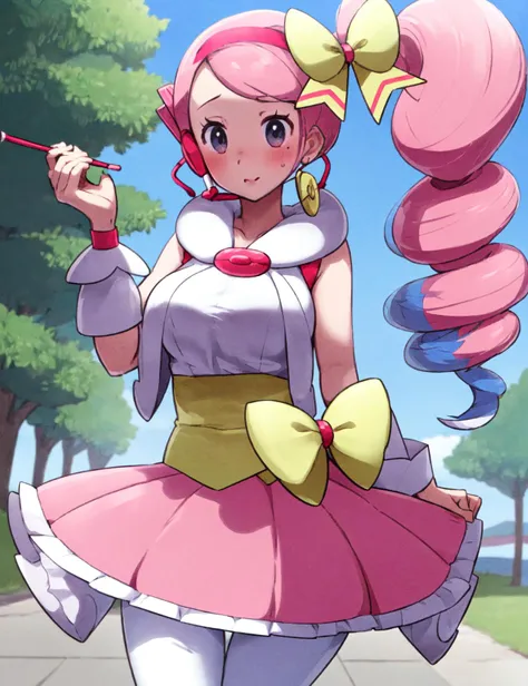 (masterpiece, best quality, hi res:1.2), outdoors, <lora:Yancy Pokemon (pkyancy) (yancyidol)-9:0.7>, 1girl, yancyidol, sleeveless,  pink skirt, breasts, ribbons, side drill, yellow bow, headset, jewelery, midriff, white pantyhose, hairband, <lora:pleasewor...