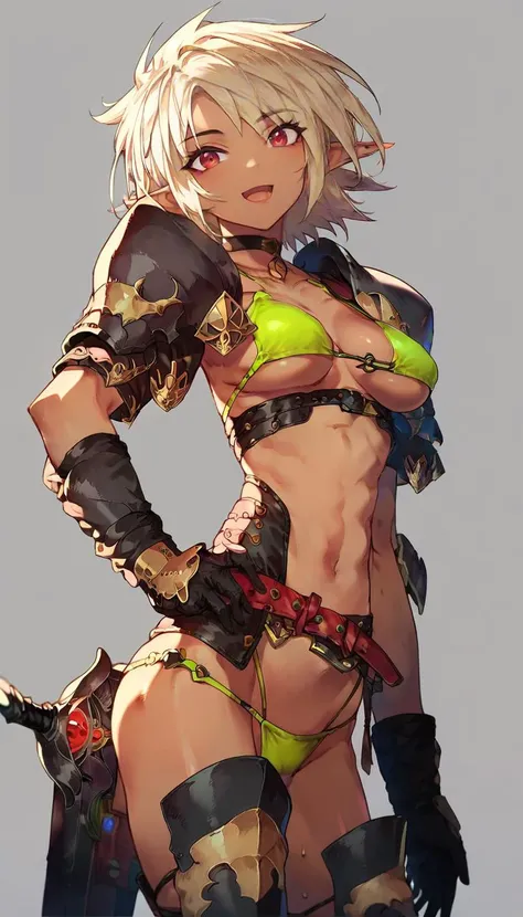 <lora:dark_elf_pony:1> score_9, score_8_up, score_7_up, score_6_up, source anime,
 kuronagamimi, dark elf, 1girl, solo, breasts, red eyes, armor, gloves, swimsuit, pointy ears, bikini, bikini armor, weapon, green bikini, short hair, sword, thighhighs, nave...