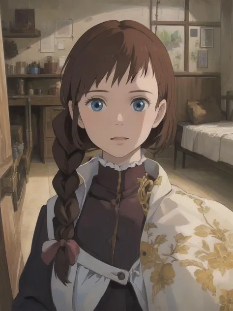 <(masterpiece, realistic:1.3), (extremely intricate:1.2)>, portrait of a girl, brown hair, braid, indoors,<lora:studioGhibliStyle_offset:1>, wooden house