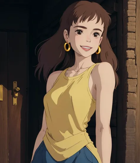 ghibli style, EVA, 1girl, arms behind back, bare shoulders, blush, brown eyes, brown hair, long hair,wearing earrings, looking at viewer, sleeveless, smile, solo, upper body , ((masterpiece)) , <lora:ghibli_style_offset:1>