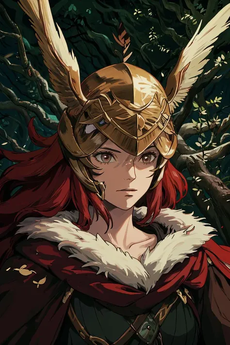 masterpiece, 1 girl, portrait, (malenia), <lora:MaleniaMv3:1>, feathers, gloves, hat, hat feather, helmet, long hair, redhair, (dark forest on background:1.3), night, ghibli style, <lora:ghibli_style_offset:1>