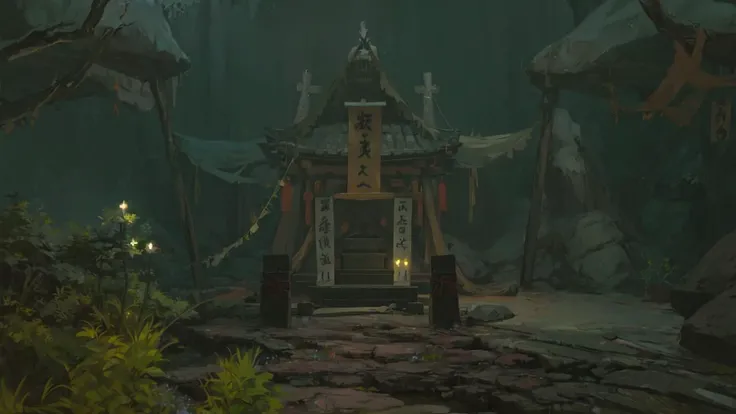masterpiece, best quality, overgrown weeds, glowing flower Japanese shrine, dim lighting, cave interior background, hanging banners <lora:studioGhibliStyle_offset:0.6>