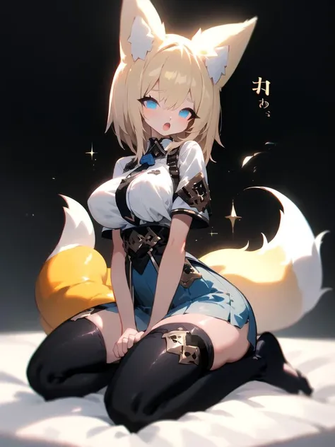 (masterpiece, best_qualiity, highres, absurdres), official art, <lora:mamuru:1>,
1girl, animal ear fluff, animal ears, black thighhighs, blonde hair, blue eyes, breasts, fox ears, fox tail, large breasts, open mouth, pillow, seiza, short hair, simple backg...