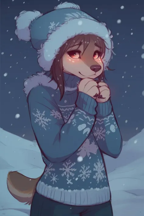 anthro, solo, female, canine, by oldski <lora:coconut20_skidoo_v2+45:0.65> outdoor, night, snowflakes, winter, long sleeves sweater, blue sleeves, snowing, day