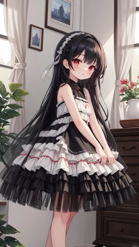 ,(masterpiece),(highres),(high quality),(beautiful illustration),
,(cute girl:1.2),(solo),(skinny),(petite),
,(black hair:1.2),(red eyes:1.2),(long hair:1.2),
,(black gothic dress),
,(indoors),
,(looking at viewer),
, <lora:Gothic_Rolita:1>,