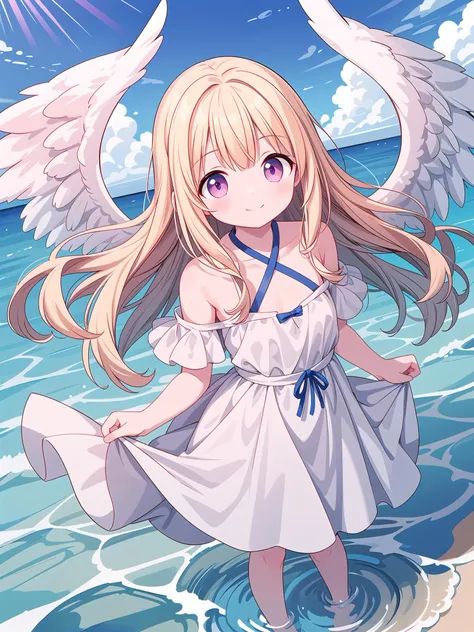 anime girl with angel wings standing in the water