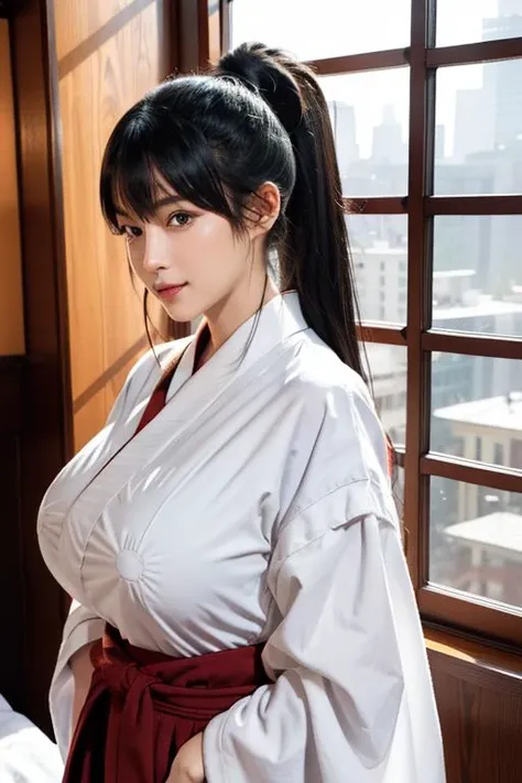 (day),bedroom,high rise apartment, windows,east asian architecture,
dynamic pose, 
red_Hakama with white_kimono,japanese clothes,
<lora:Shiramine_Kuou_Angel_Academy-KK77-V2:0.7>,
Black eyes, Black hair,bangs, Long_hair, High ponytail,
,<lora:more_details:0...