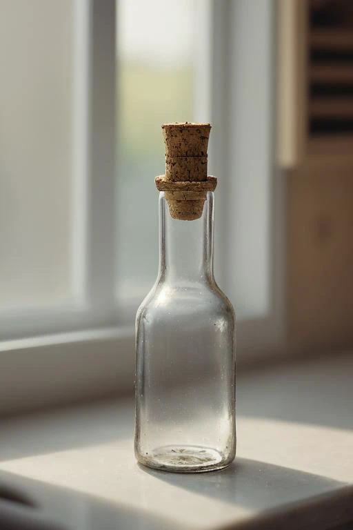 (masterpiece:1.2), photography a small glass bottle with a cork, kitchen, day light,  <lora:Glass_Bottle_v1_LORA:0.2>