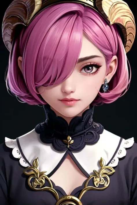 a woman with pink hair and horns on her head