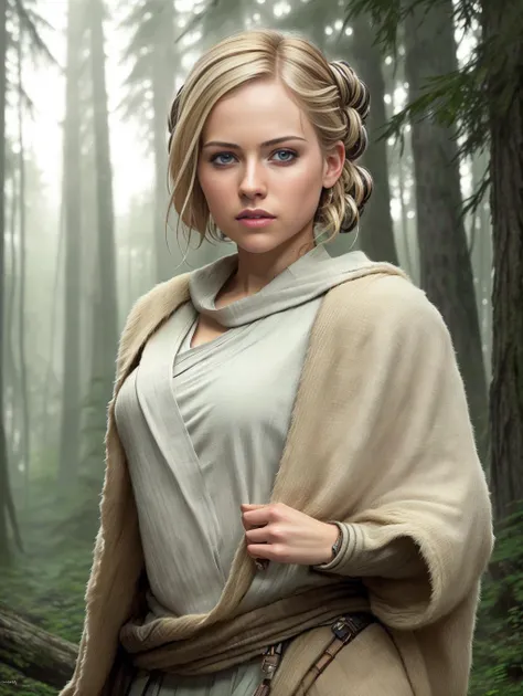 (8k, best quality, masterpiece),(best quality), (ultra highres), action pose, a beautiful woman <lora:AvrilV1:1.0>  , detailed iris, blonde hair, full body portrait, wearing rey jedi robes, star wars, forest endor background, modelshoot style, intricate, e...