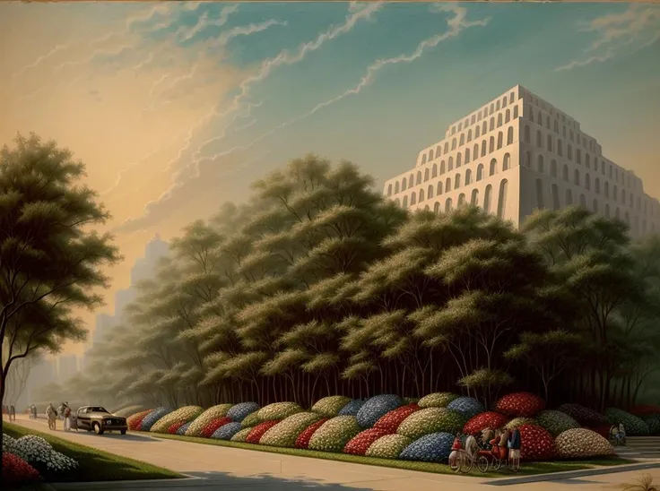 painting of a city street with a row of trees and a building