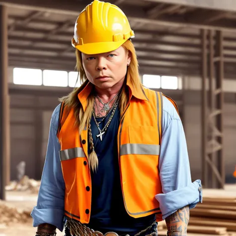 medium shot of gavidp dressed as a construction worker in an orange safety vest and yellow hardhat