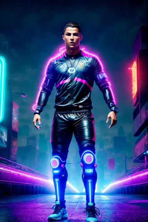 cyberpunk style, in cyberpunk city streets, ( iconic visage of cristiano Ronaldo with a football under his right foot:1.2),cristiano Ronaldo posing to the camera showing off his skills while steping on a football with his right foot, wearing Portugal natio...