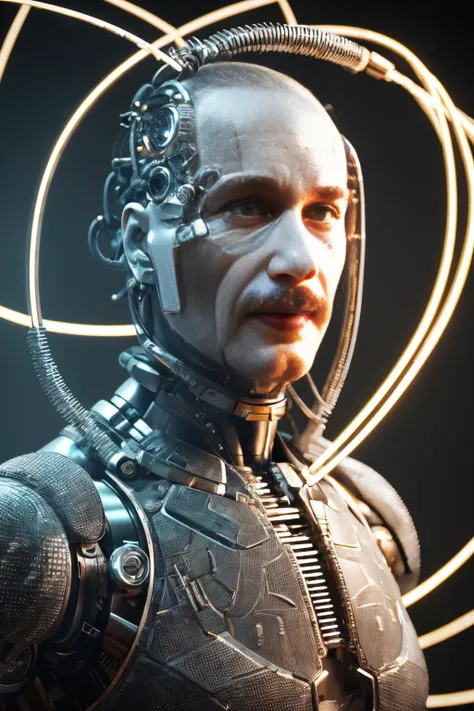 biomechanical cyberpunk, 1guy, In exquisite 3D masterpiece that seamlessly blends the delicate beauty of porcelain with the raw power of cybernetics, full body, inspiration from the artistic style of Jacek Andrzej Rossakiewicz. Envision a balding older (cy...