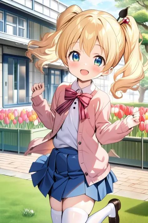 1girl,petite,alice cartelet, hair ornament,blonde twintail,close up,facing at viewer,jumping,shiny eyes,smile,open mouth,white collared shirt, cardigan, open cardigan, striped bow, blue pleated skirt,stylish pose, white thighhighs,school garden,outdoor,tul...