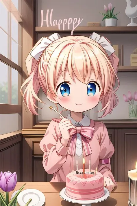 anime girl with a birthday cake and a candle in front of her