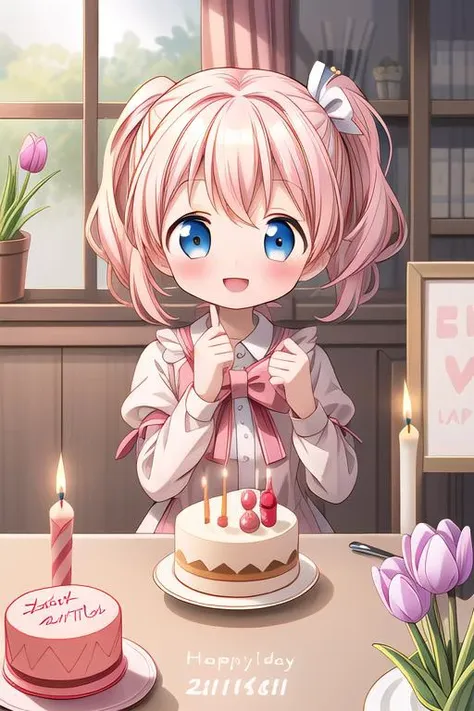 anime girl with pink hair and blue eyes sitting at a table with a cake