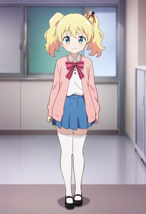 anime girl in school uniform standing in a room with a window