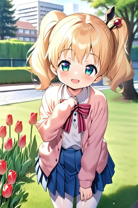 1girl,petite,alice cartelet, hair ornament,blonde twintail,close up,facing at viewer,shiny eyes,smile,open mouth,white collared shirt, cardigan, open cardigan, striped bow, blue pleated skirt,stylish pose, white thighhighs,school garden,outdoor,tulip,tree,...
