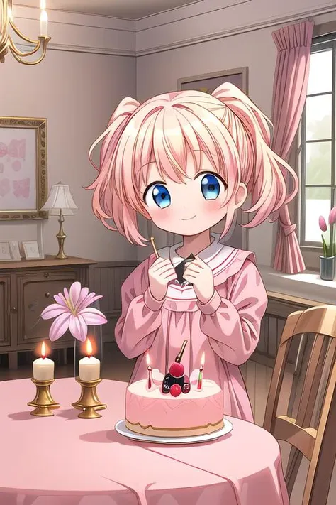 anime girl with pink hair and blue eyes sitting at a table with a cake