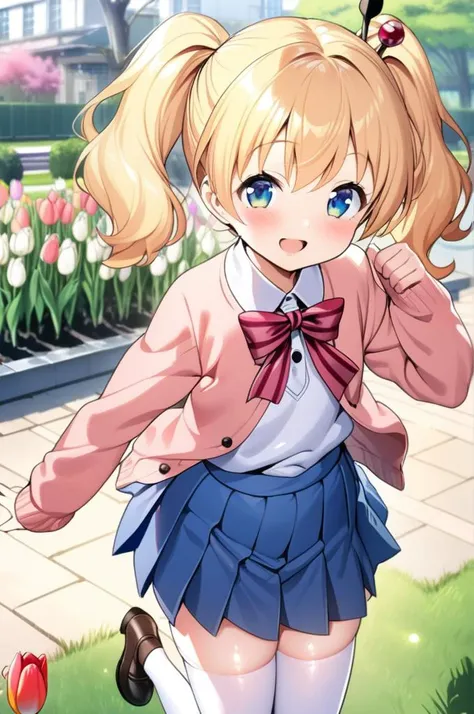 1girl,petite,alice cartelet, hair ornament,blonde twintail,close up,facing at viewer,jumping,shiny eyes,smile,open mouth,white collared shirt, cardigan, open cardigan, striped bow, blue pleated skirt,stylish pose, white thighhighs,school garden,outdoor,tul...