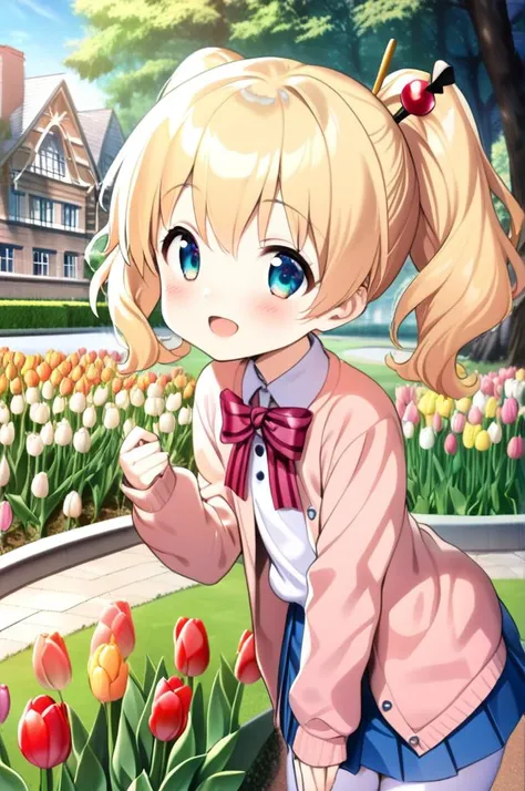 1girl,petite,alice cartelet, hair ornament,blonde twintail,close up,facing at viewer,shiny eyes,smile,open mouth,white collared shirt, cardigan, open cardigan, striped bow, blue pleated skirt,stylish pose, white thighhighs,school garden,outdoor,tulip,tree,...