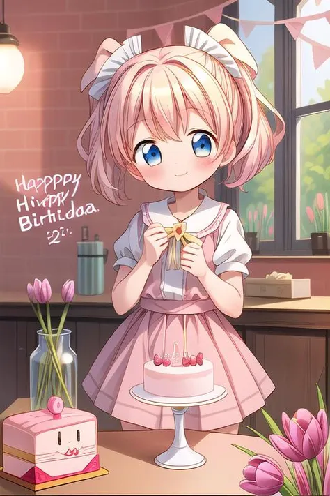 anime girl with pink hair and blue eyes holding a cake