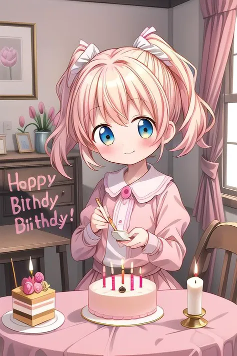 anime girl with pink hair and blue eyes sitting at a table with a cake