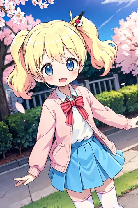 anime girl with blonde hair and blue eyes in a pink jacket