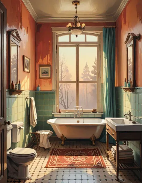 landscape of a Bathroom, Hazy conditions, Warmcore, stylized by Jacek Malczewski