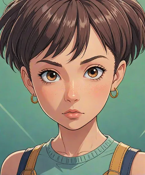 anime visual key, 1girl, cute, pixie hair, symmetrical, close up, anime style by osamu tezuka, clean, high quality, 8k