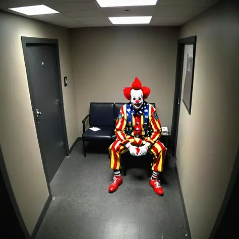 1man, a clown sitting in a small police Interrogation Room, wearing a boxer, cctvfootage, aerial view, footage from a security camera, alone, dark, low quality, footage, bad quality  <lora:SDXL_CCTV:1> cctvfootage, blurry, videotape interference,