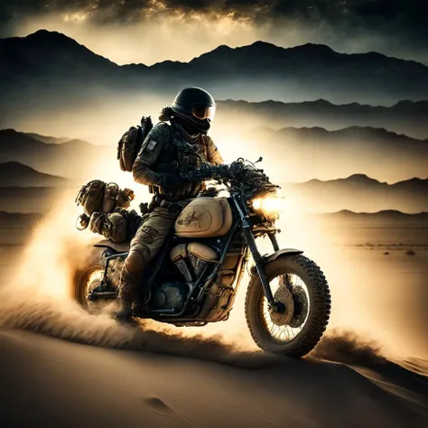 photo, a soldier on a motorcycle in the desert at night (armybiker style:1)  <lora:djzArmyBiker:0.8>