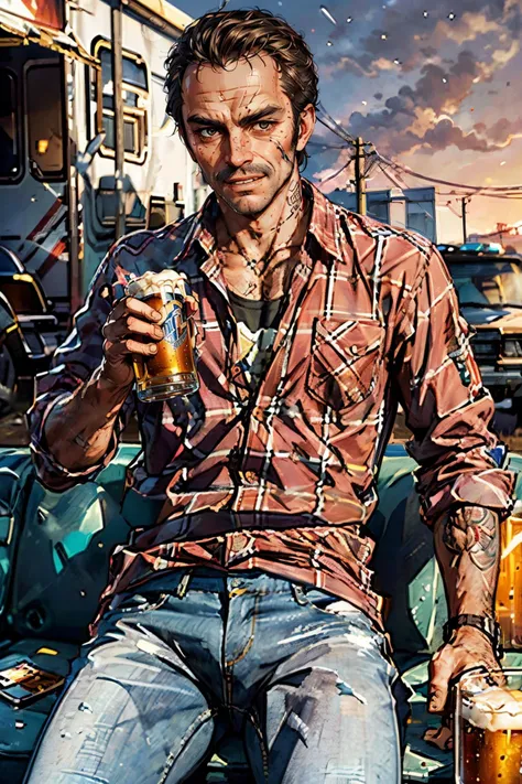 TrevorGTA, wearing plaid shirt, tattoos, facial hair, jeans, looking at viewer, serious, evil grin, 
sitting, outside, on torn sofa, trailer park, drinking a beer bottle, brown sky,  extreme detail, masterpiece, beautiful quality,  <lora:TrevorGTA:.7>