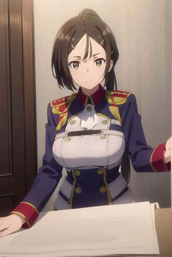 izettabianca, <lora:izetta bianca s1-lora-nochekaiser:1>,
bianca, black hair, hair ornament, (brown eyes:1.5), hairclip, ponytail,
BREAK pants, uniform, military, military uniform,
BREAK indoors, office,
BREAK looking at viewer, dynamic pose,
BREAK <lyco:G...