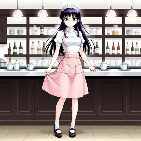 anime girl in a pink skirt standing in front of a counter